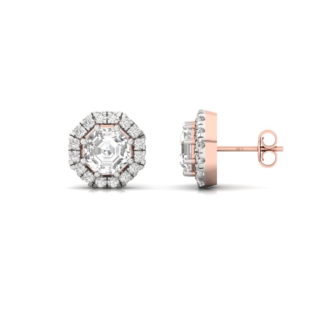 Octagon Cut Halo Diamond Stud Earrings | Lab Grown Diamond Earrings | Silver | 10K | 14K | 18K - Rose Gold Main View