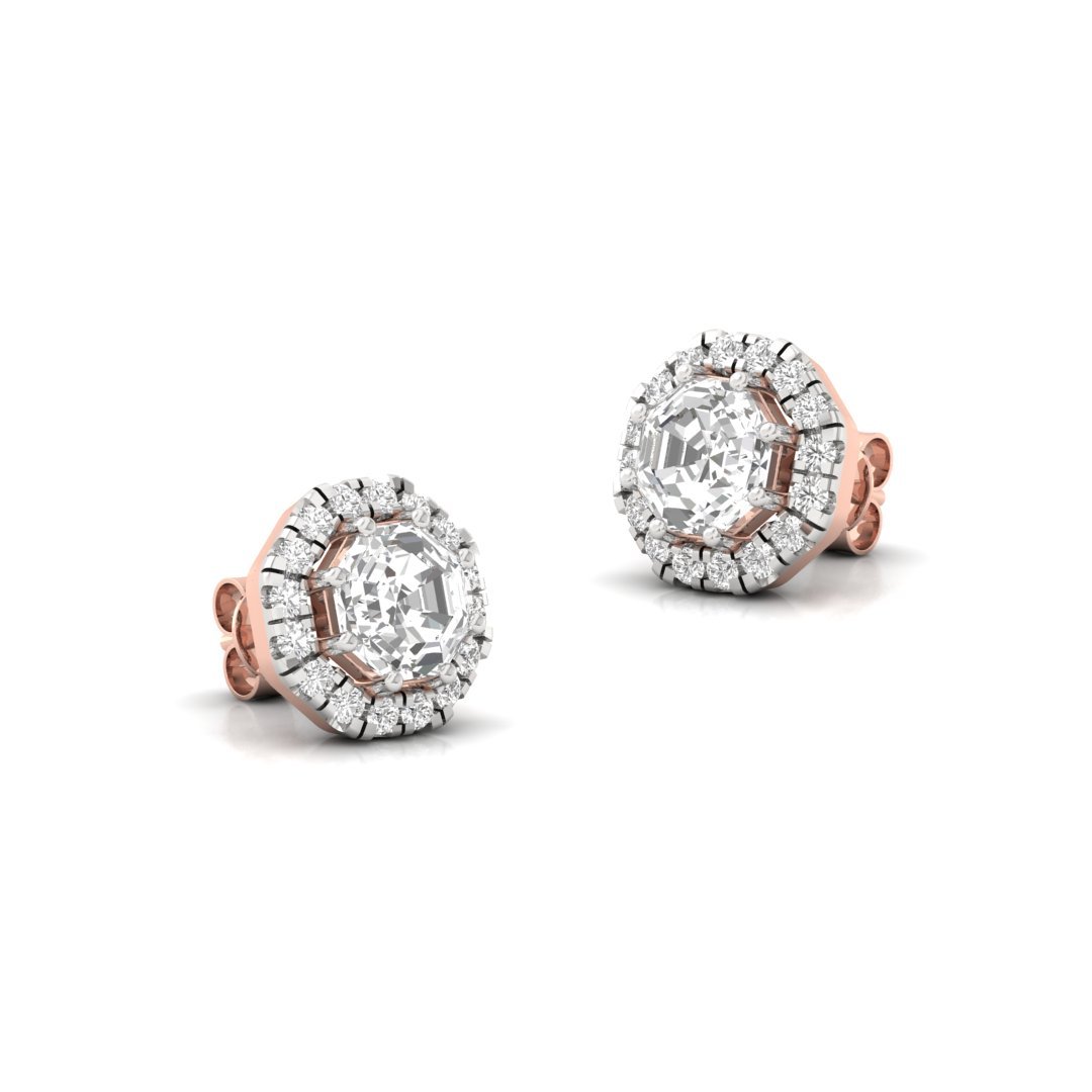 Octagon Cut Halo Diamond Stud Earrings | Lab Grown Diamond Earrings | Silver | 10K | 14K | 18K - View 3