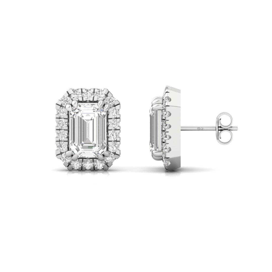 Emerald Cut Halo Diamond Stud Earrings | Lab Grown Diamond Earrings | Silver | 10K | 14K | 18K - Main View