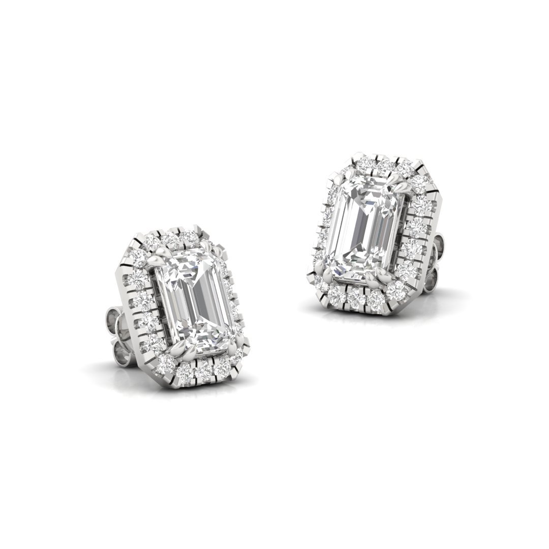 Emerald Cut Halo Diamond Stud Earrings | Lab Grown Diamond Earrings | Silver | 10K | 14K | 18K - View 3