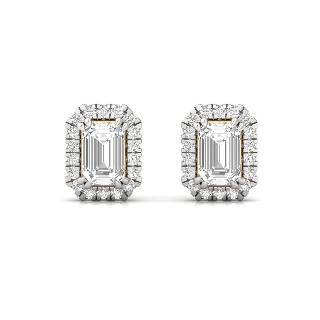 Emerald Cut Halo Diamond Stud Earrings | Lab Grown Diamond Earrings | Silver | 10K | 14K | 18K - View 2