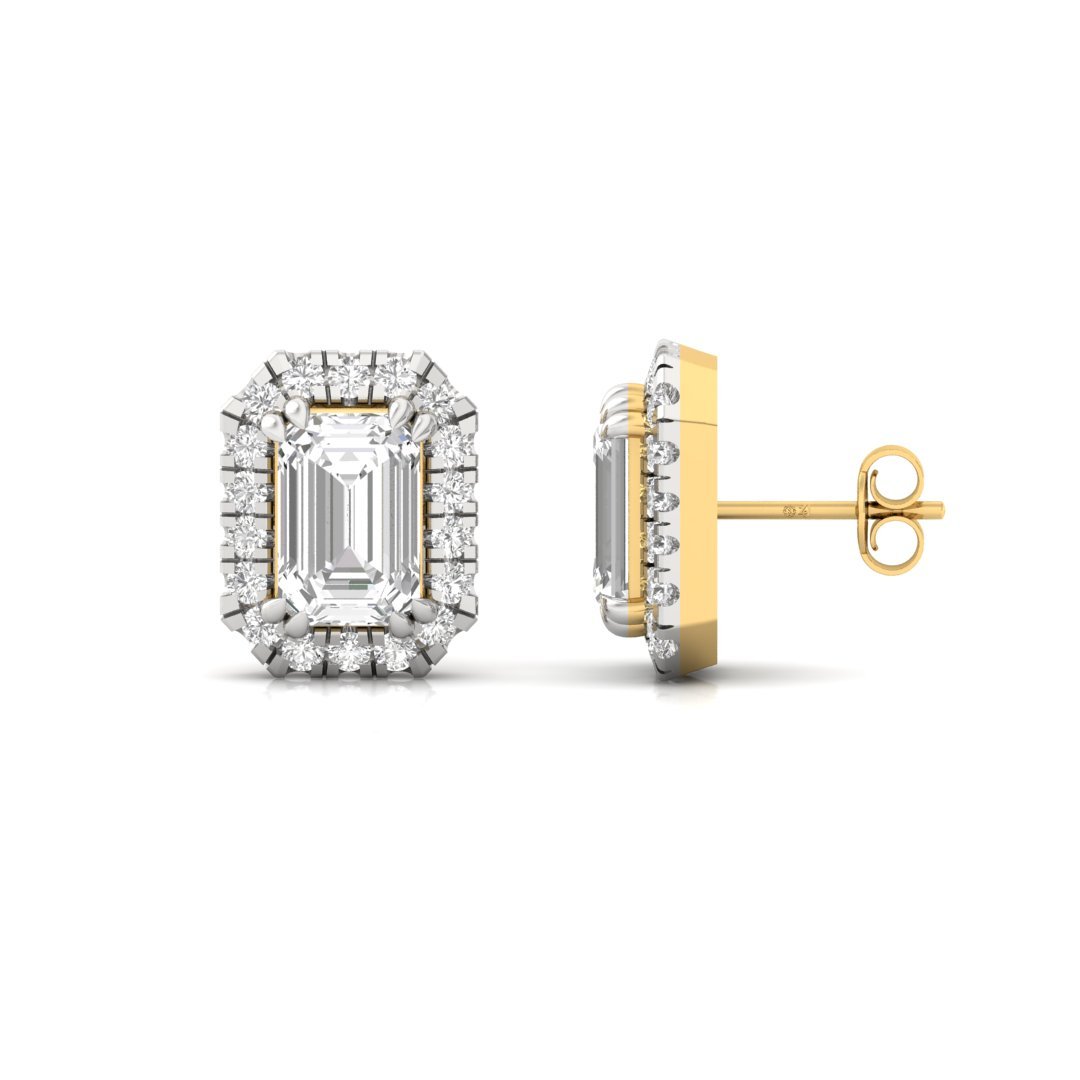 Emerald Cut Halo Diamond Stud Earrings | Lab Grown Diamond Earrings | Silver | 10K | 14K | 18K - Gold Main View