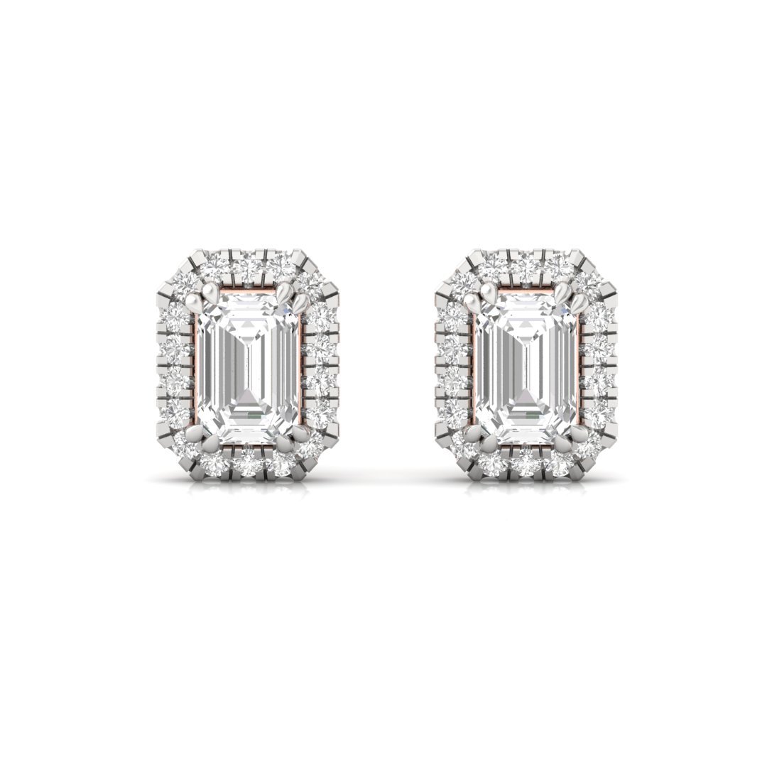 Emerald Cut Halo Diamond Stud Earrings | Lab Grown Diamond Earrings | Silver | 10K | 14K | 18K - View 2