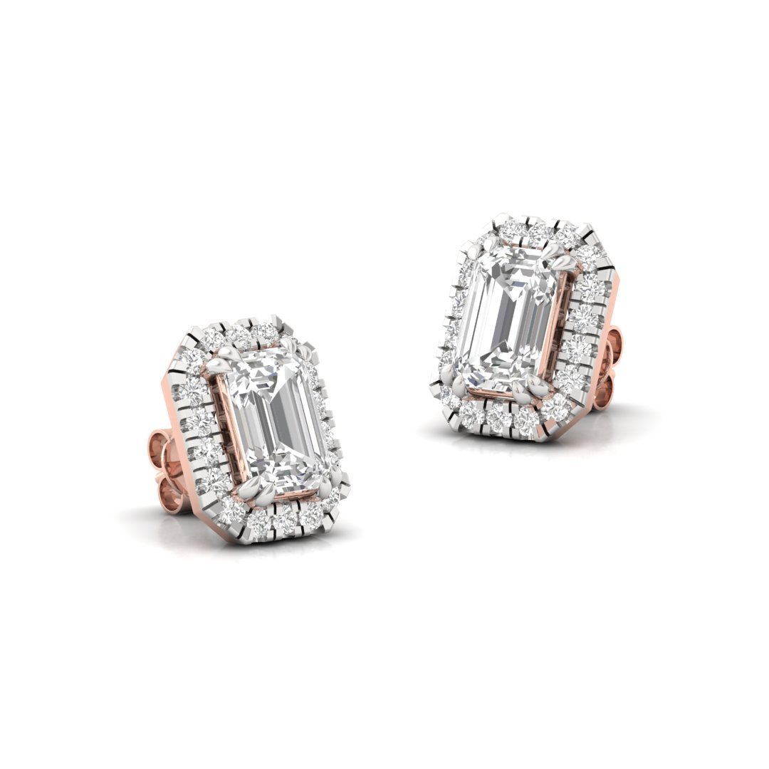 Emerald Cut Halo Diamond Stud Earrings | Lab Grown Diamond Earrings | Silver | 10K | 14K | 18K - View 3