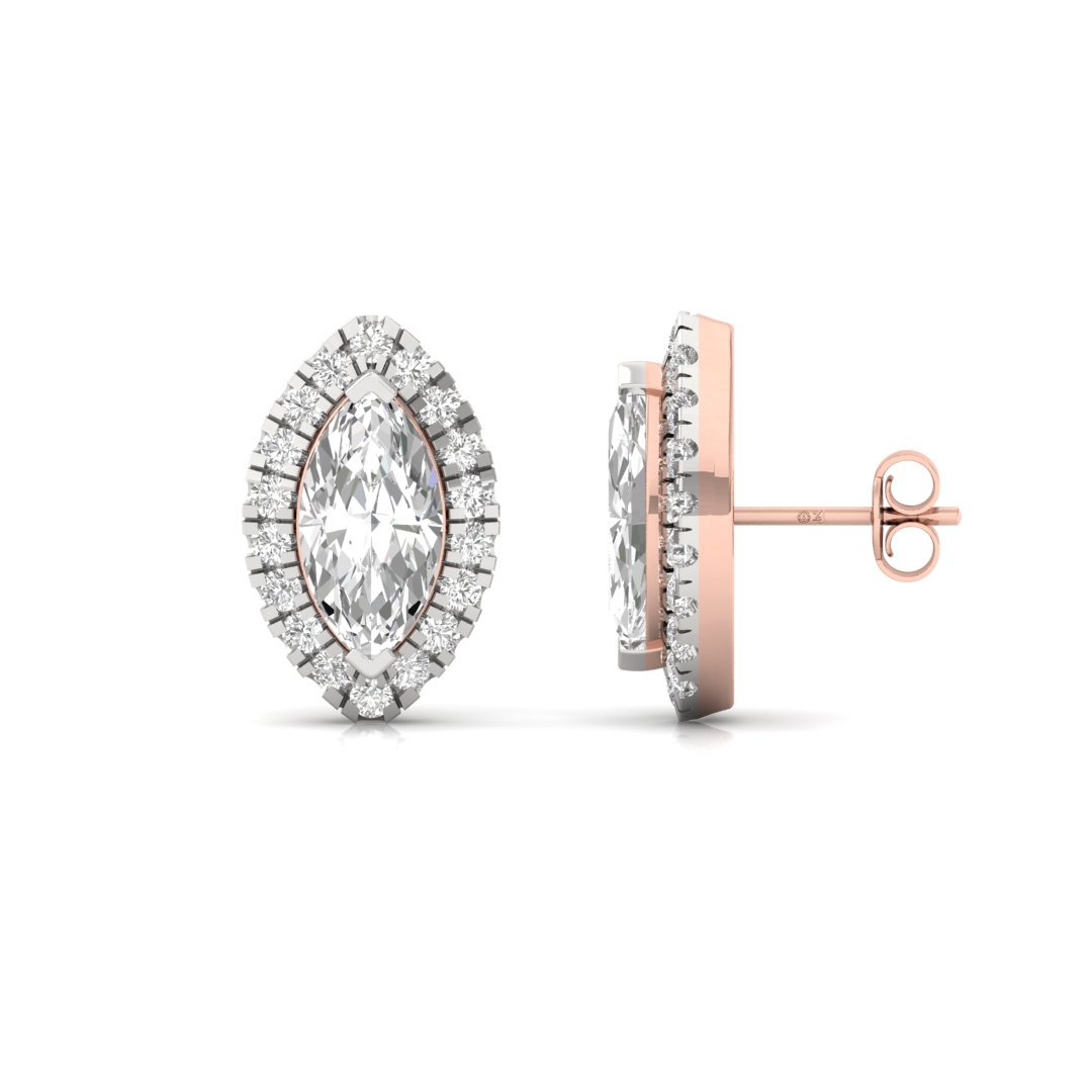 Marquise Cut Halo Diamond Stud Earrings | Lab Grown Diamond Earrings | Silver | 10K | 14K | 18K - Rose Gold Main View