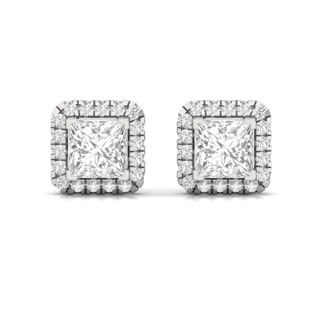 Princess Cut Halo Diamond Stud Earrings | Lab Grown Diamond Earrings | Silver | 10K | 14K | 18K - View 2