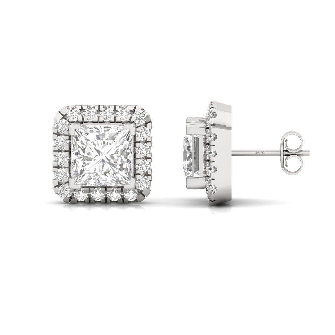Princess Cut Halo Diamond Stud Earrings | Lab Grown Diamond Earrings | Silver | 10K | 14K | 18K - Main View