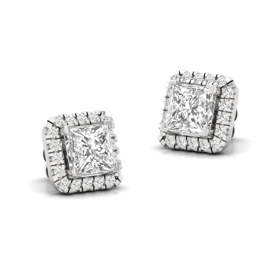 Princess Cut Halo Diamond Stud Earrings | Lab Grown Diamond Earrings | Silver | 10K | 14K | 18K - View 3
