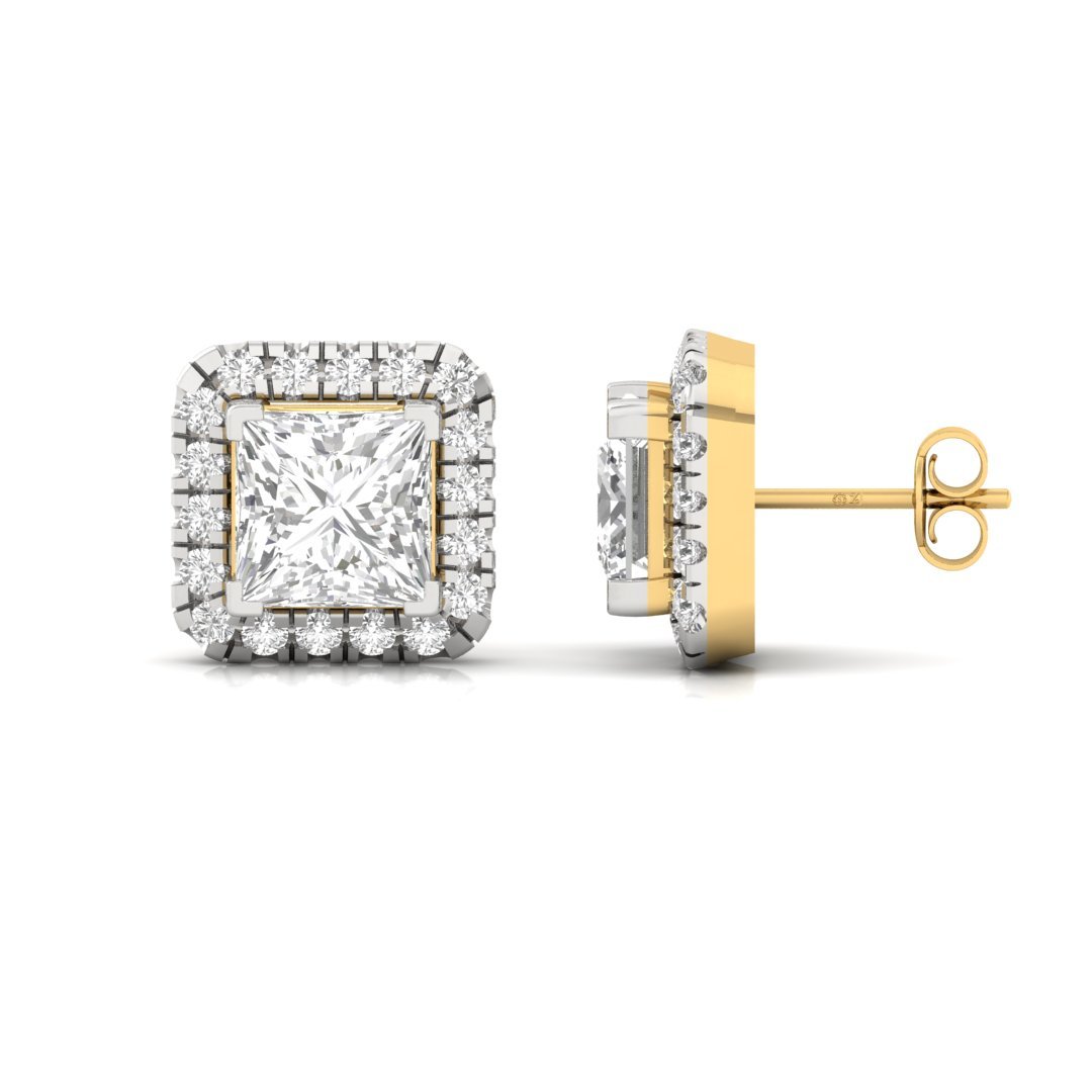 Princess Cut Halo Diamond Stud Earrings | Lab Grown Diamond Earrings | Silver | 10K | 14K | 18K - Gold Main View
