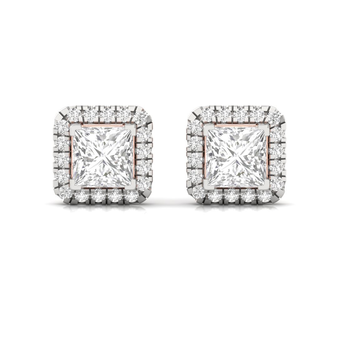 Princess Cut Halo Diamond Stud Earrings | Lab Grown Diamond Earrings | Silver | 10K | 14K | 18K - View 2