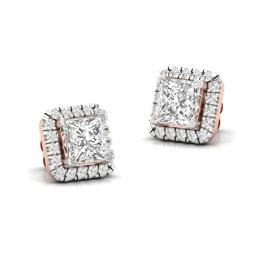 Princess Cut Halo Diamond Stud Earrings | Lab Grown Diamond Earrings | Silver | 10K | 14K | 18K - View 3