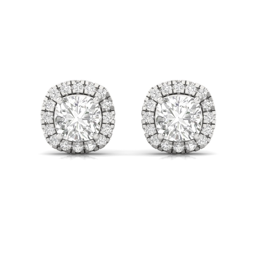 Cushion Halo Diamond Stud Earrings | Round Accent Lab Grown Diamond Earrings | Silver | 10K | 14K | 18K - View 2