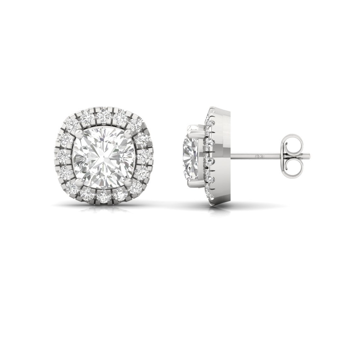 Cushion Halo Diamond Stud Earrings | Round Accent Lab Grown Diamond Earrings | Silver | 10K | 14K | 18K - Main View
