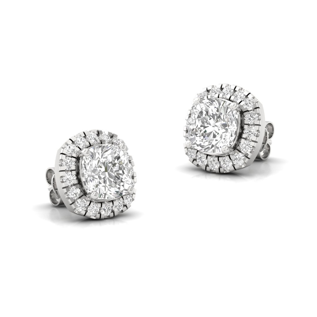 Cushion Halo Diamond Stud Earrings | Round Accent Lab Grown Diamond Earrings | Silver | 10K | 14K | 18K - View 3