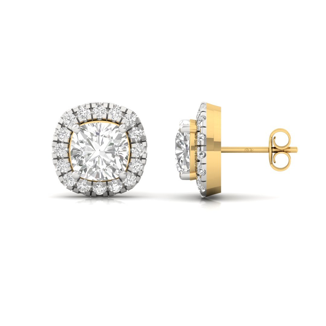 Cushion Halo Diamond Stud Earrings | Round Accent Lab Grown Diamond Earrings | Silver | 10K | 14K | 18K - Gold Main View