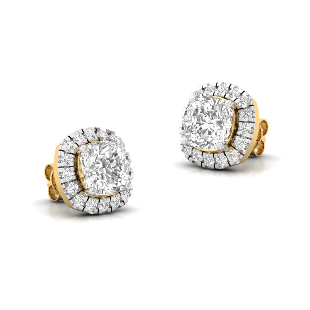 Cushion Halo Diamond Stud Earrings | Round Accent Lab Grown Diamond Earrings | Silver | 10K | 14K | 18K - View 3