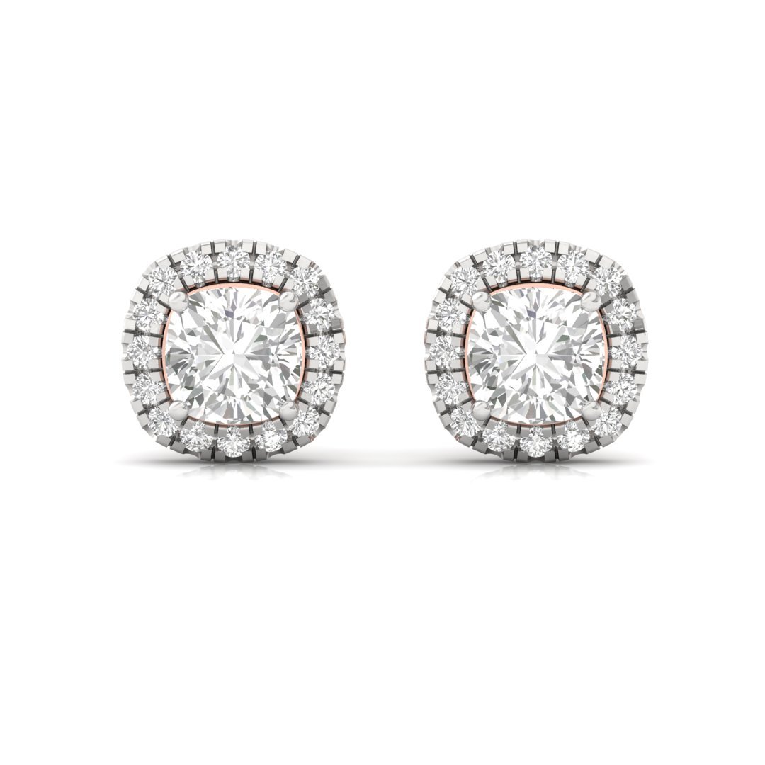 Cushion Halo Diamond Stud Earrings | Round Accent Lab Grown Diamond Earrings | Silver | 10K | 14K | 18K - View 2