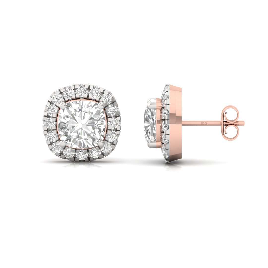Cushion Halo Diamond Stud Earrings | Round Accent Lab Grown Diamond Earrings | Silver | 10K | 14K | 18K - Rose Gold Main View