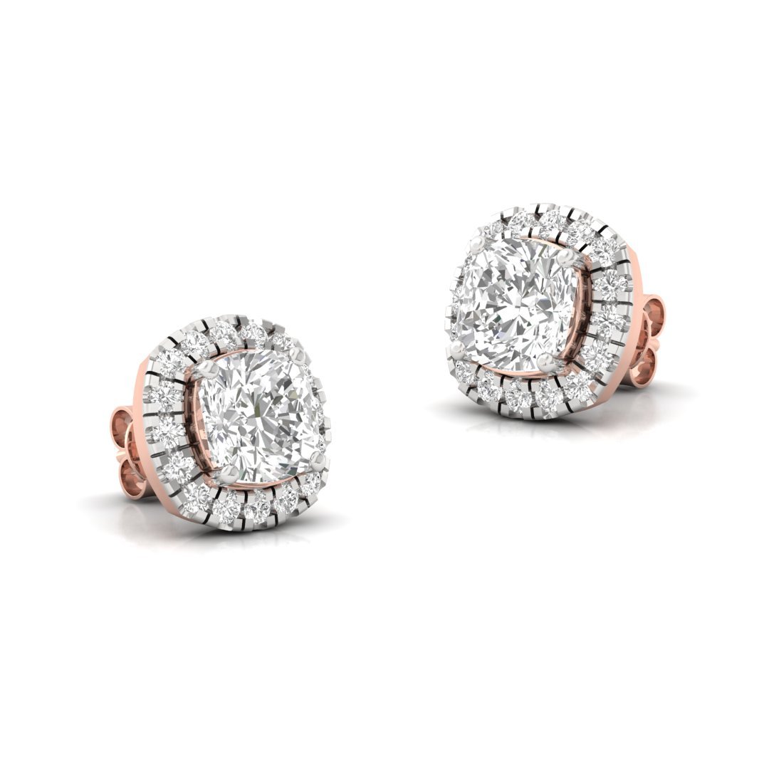Cushion Halo Diamond Stud Earrings | Round Accent Lab Grown Diamond Earrings | Silver | 10K | 14K | 18K - View 3
