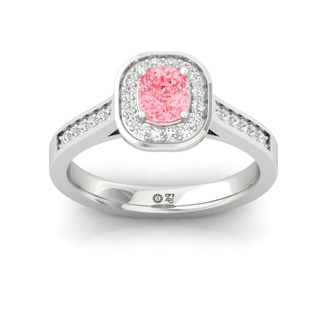 Halo Cushion Pink Diamond Engagement Ring | Lab Grown Diamond | Silver | 10K | 14K | 18K - Main View