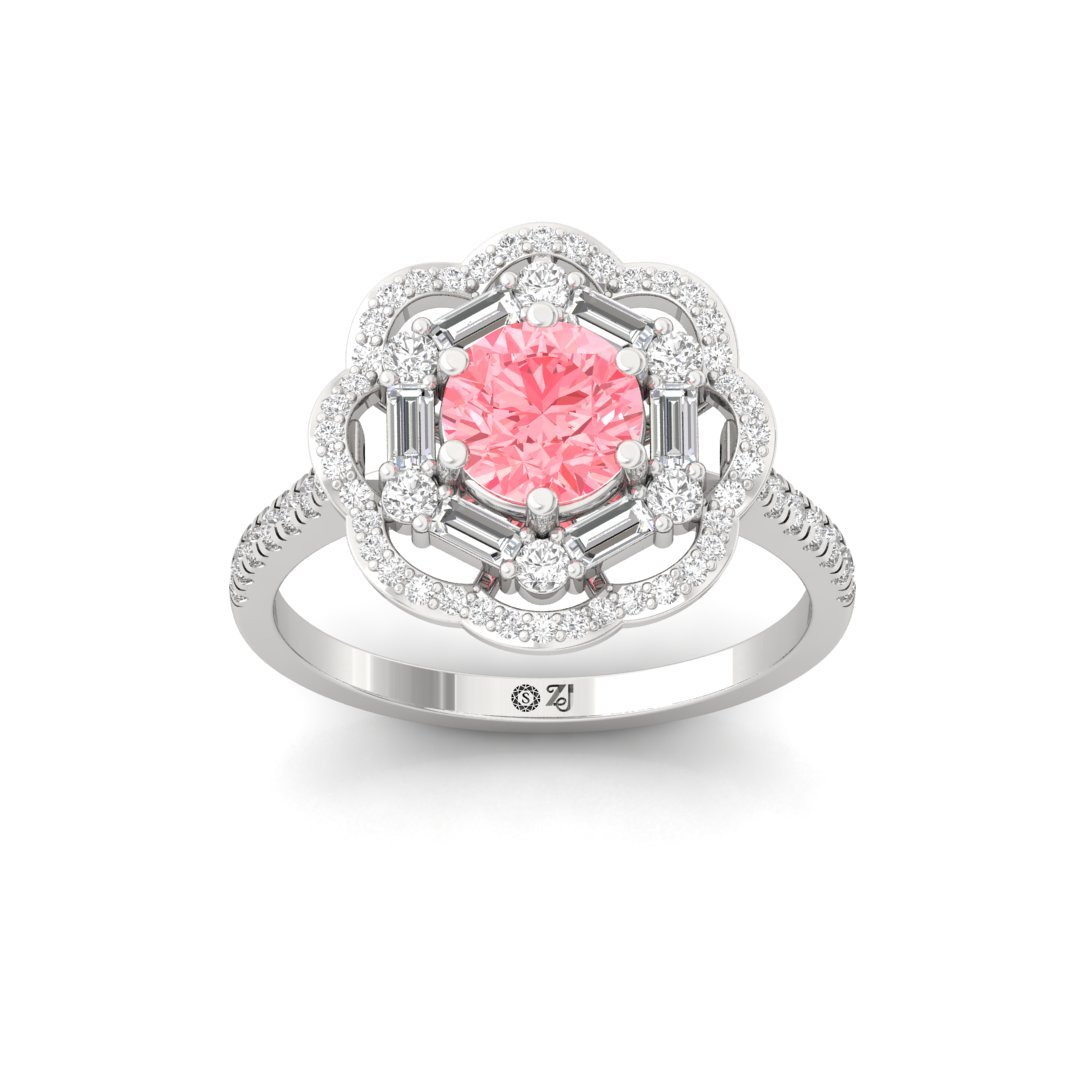 Pink Round Floral Halo Engagement Ring | Lab Grown Diamonds | Silver | 10K | 14K | 18K - Main View