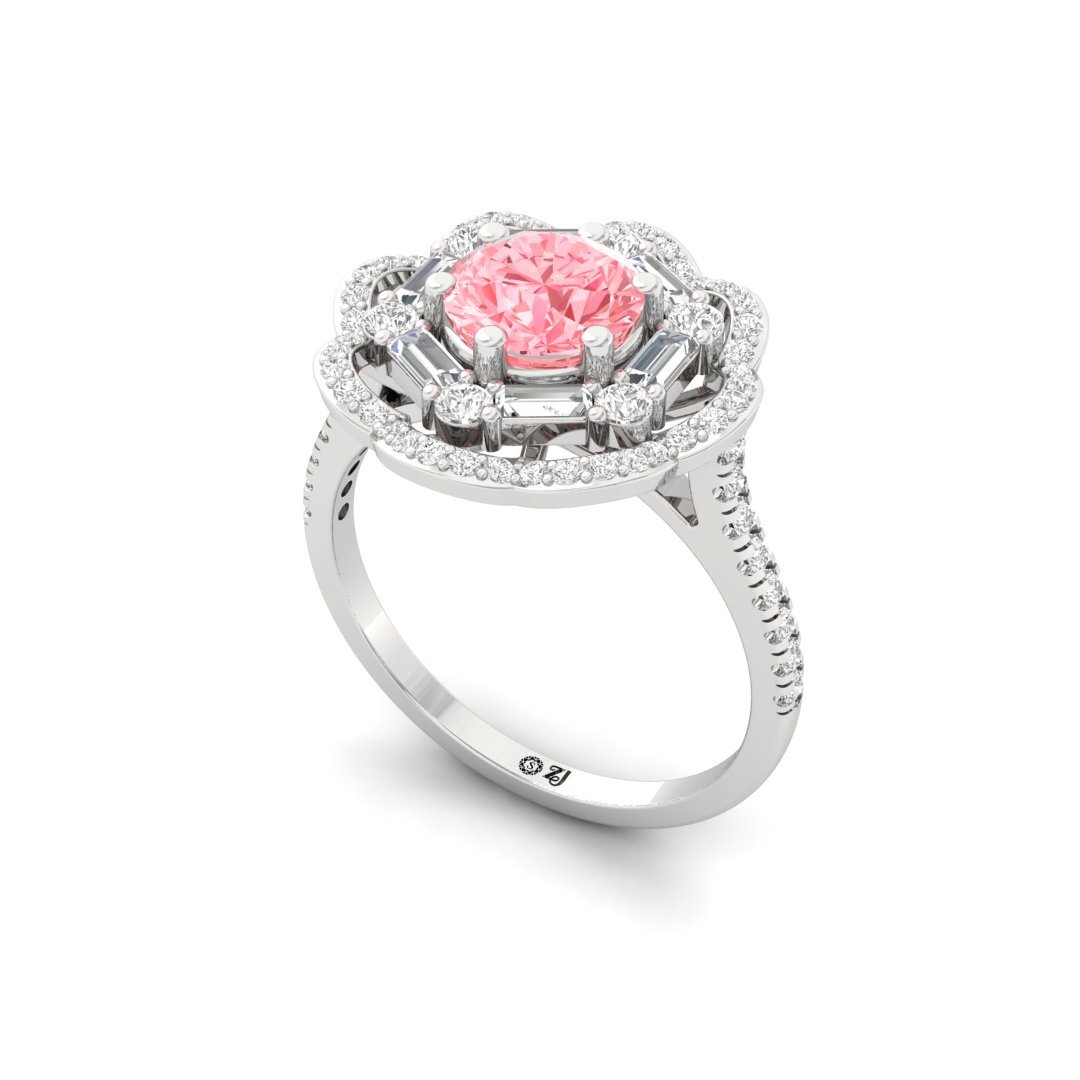 Pink Round Floral Halo Engagement Ring | Lab Grown Diamonds | Silver | 10K | 14K | 18K - View 2