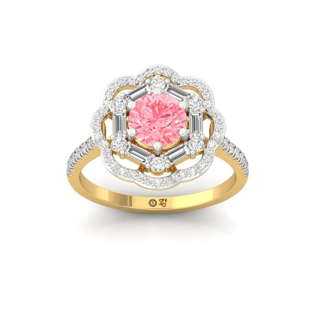 Pink Round Floral Halo Engagement Ring | Lab Grown Diamonds | Silver | 10K | 14K | 18K - Gold Main View