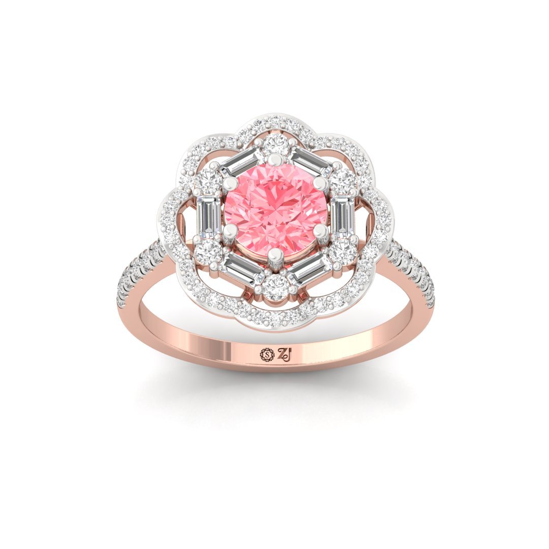 Pink Round Floral Halo Engagement Ring | Lab Grown Diamonds | Silver | 10K | 14K | 18K - Rose Gold Main View