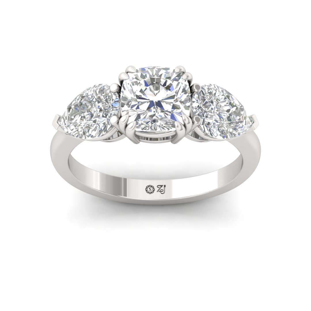 Three-Stone Cushion & Pear Cut Diamond Engagement Ring | Lab Grown Diamond | Silver | 10K | 14K | 18K - Main View