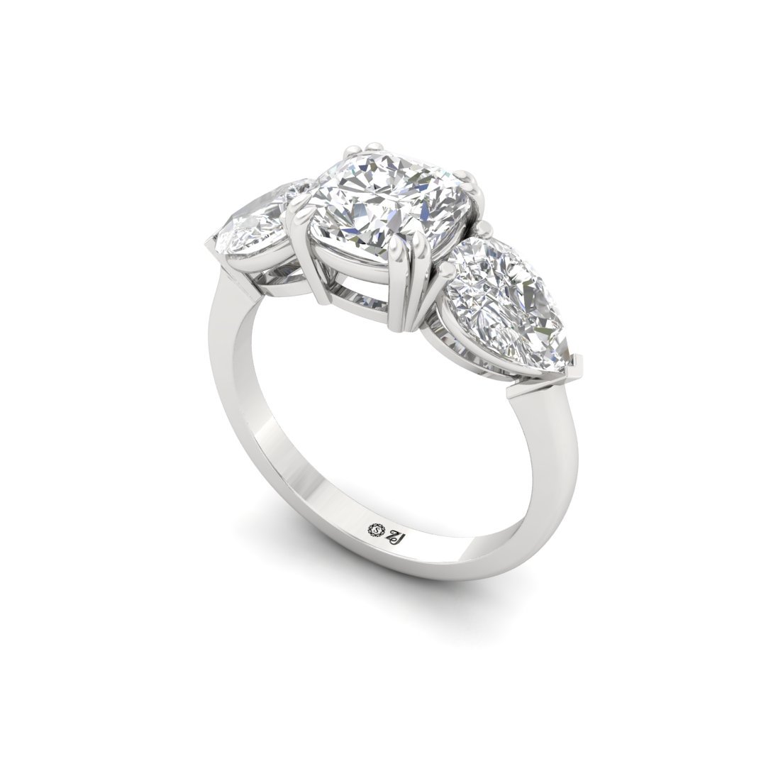 Three-Stone Cushion & Pear Cut Diamond Engagement Ring | Lab Grown Diamond | Silver | 10K | 14K | 18K - View 2
