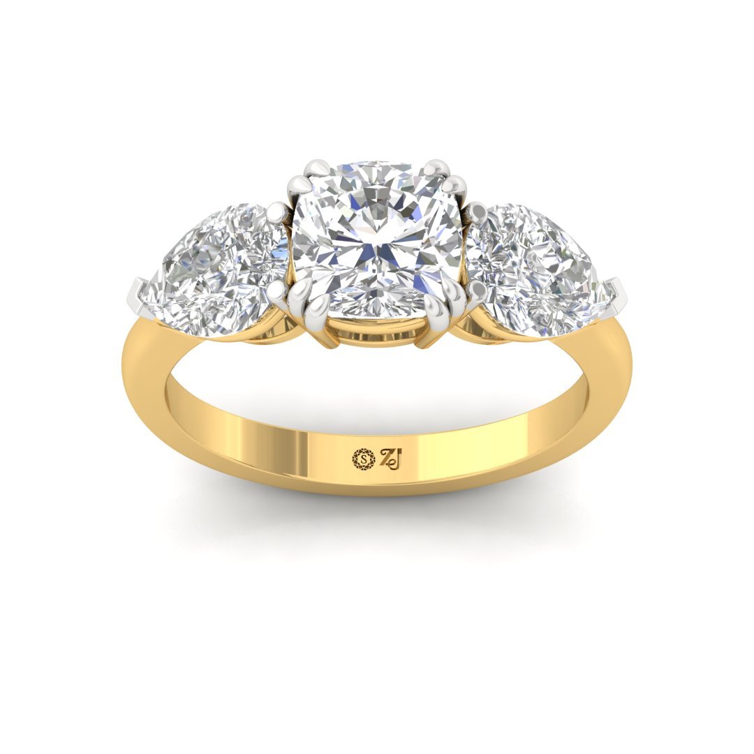 Three-Stone Cushion & Pear Cut Diamond Engagement Ring | Lab Grown Diamond | Silver | 10K | 14K | 18K - Gold Main View