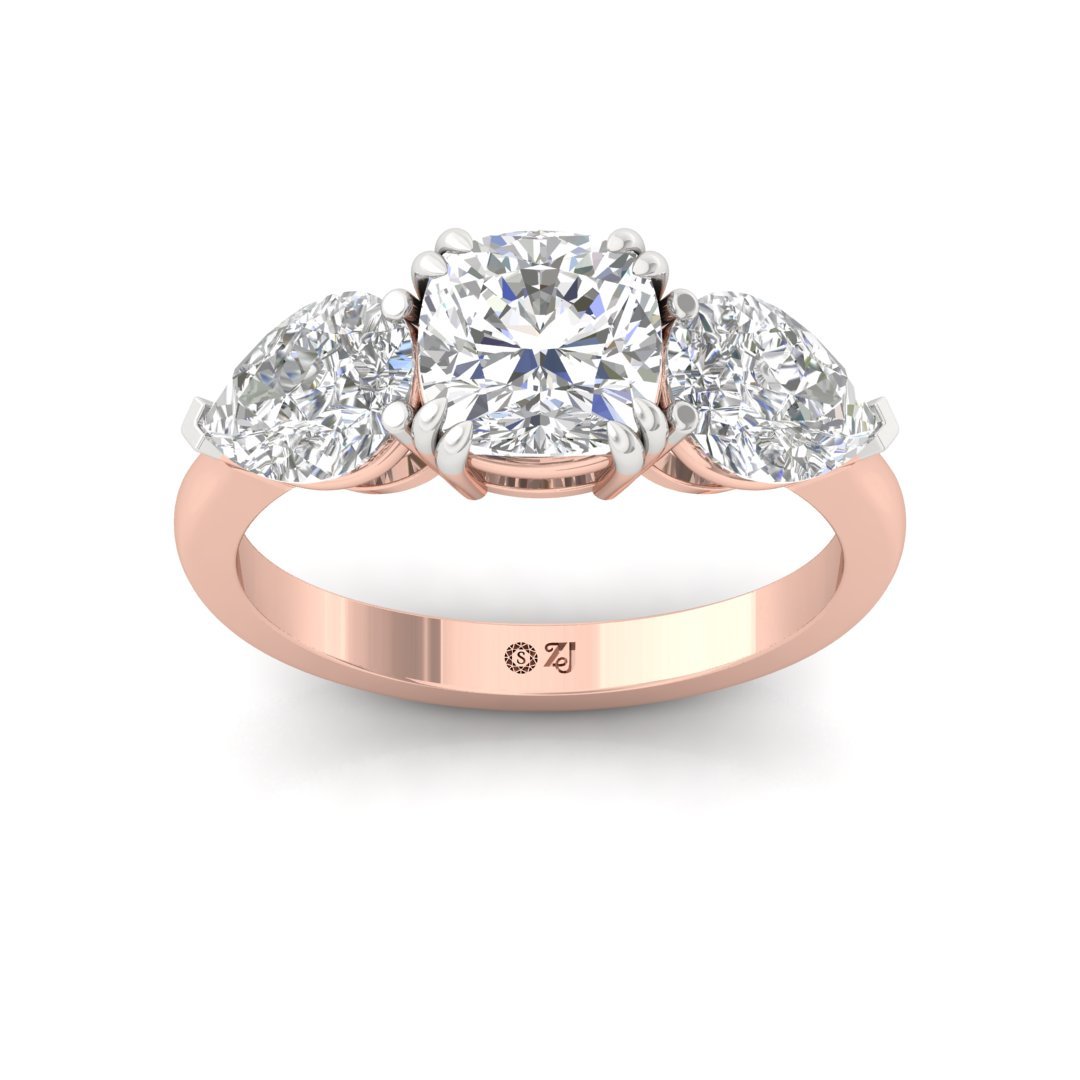 Three-Stone Cushion & Pear Cut Diamond Engagement Ring | Lab Grown Diamond | Silver | 10K | 14K | 18K - Rose Gold Main View
