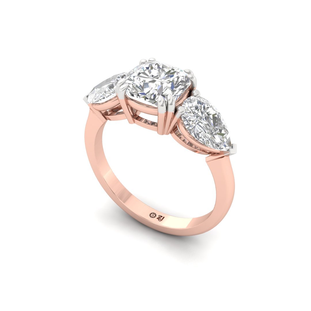 Three-Stone Cushion & Pear Cut Diamond Engagement Ring | Lab Grown Diamond | Silver | 10K | 14K | 18K - View 2