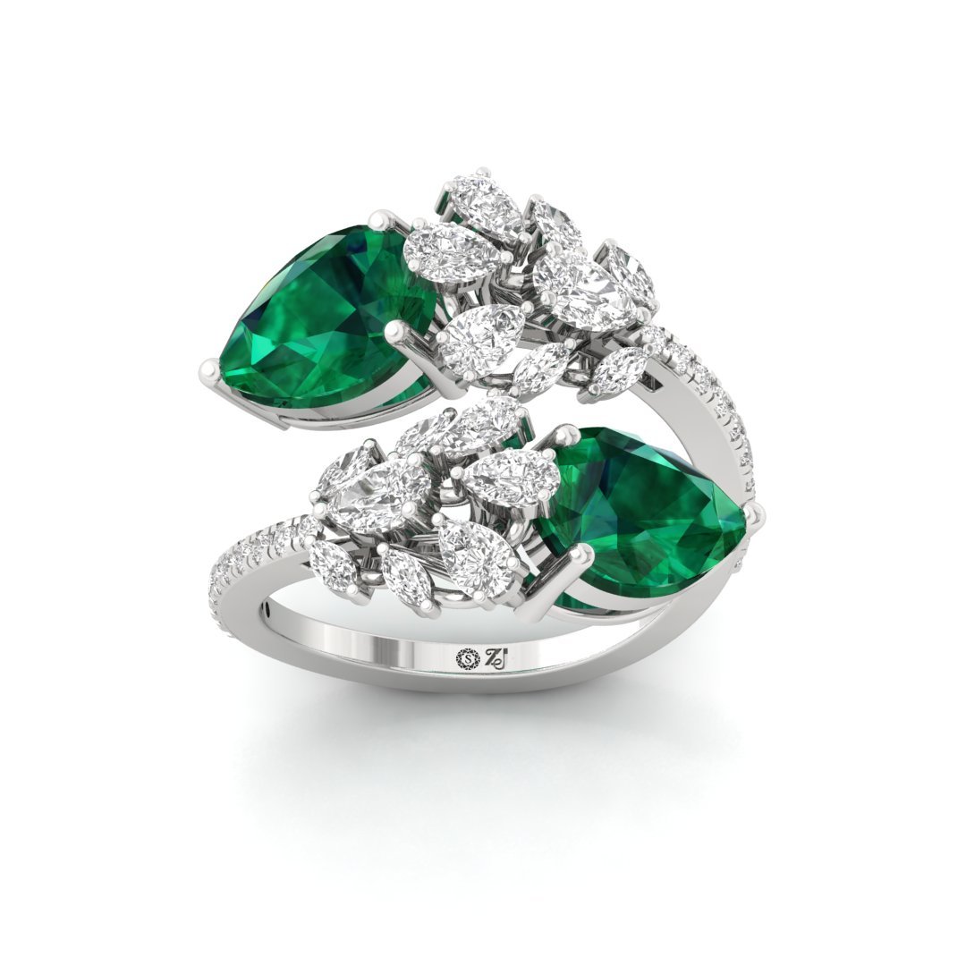 Emerald & Diamond Cocktail Ring | Double Pear Cut Emerald Ring | Lab Grown Diamonds | Silver | 10K | 14K | 18K - Main View