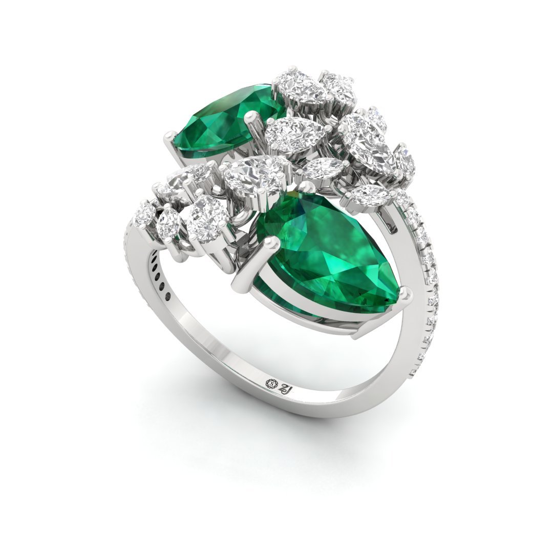Emerald & Diamond Cocktail Ring | Double Pear Cut Emerald Ring | Lab Grown Diamonds | Silver | 10K | 14K | 18K - View 2