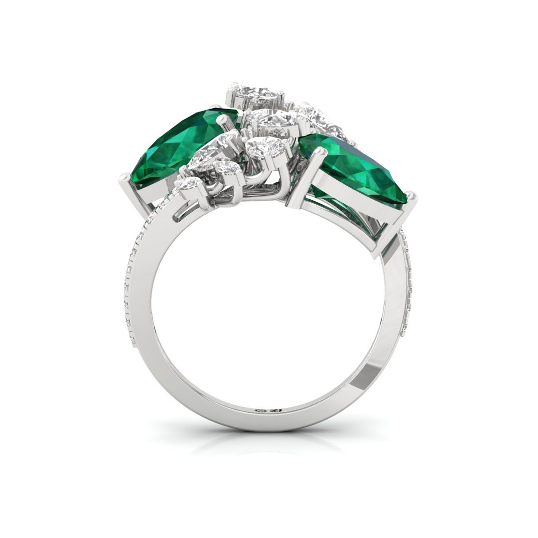 Emerald & Diamond Cocktail Ring | Double Pear Cut Emerald Ring | Lab Grown Diamonds | Silver | 10K | 14K | 18K - View 3