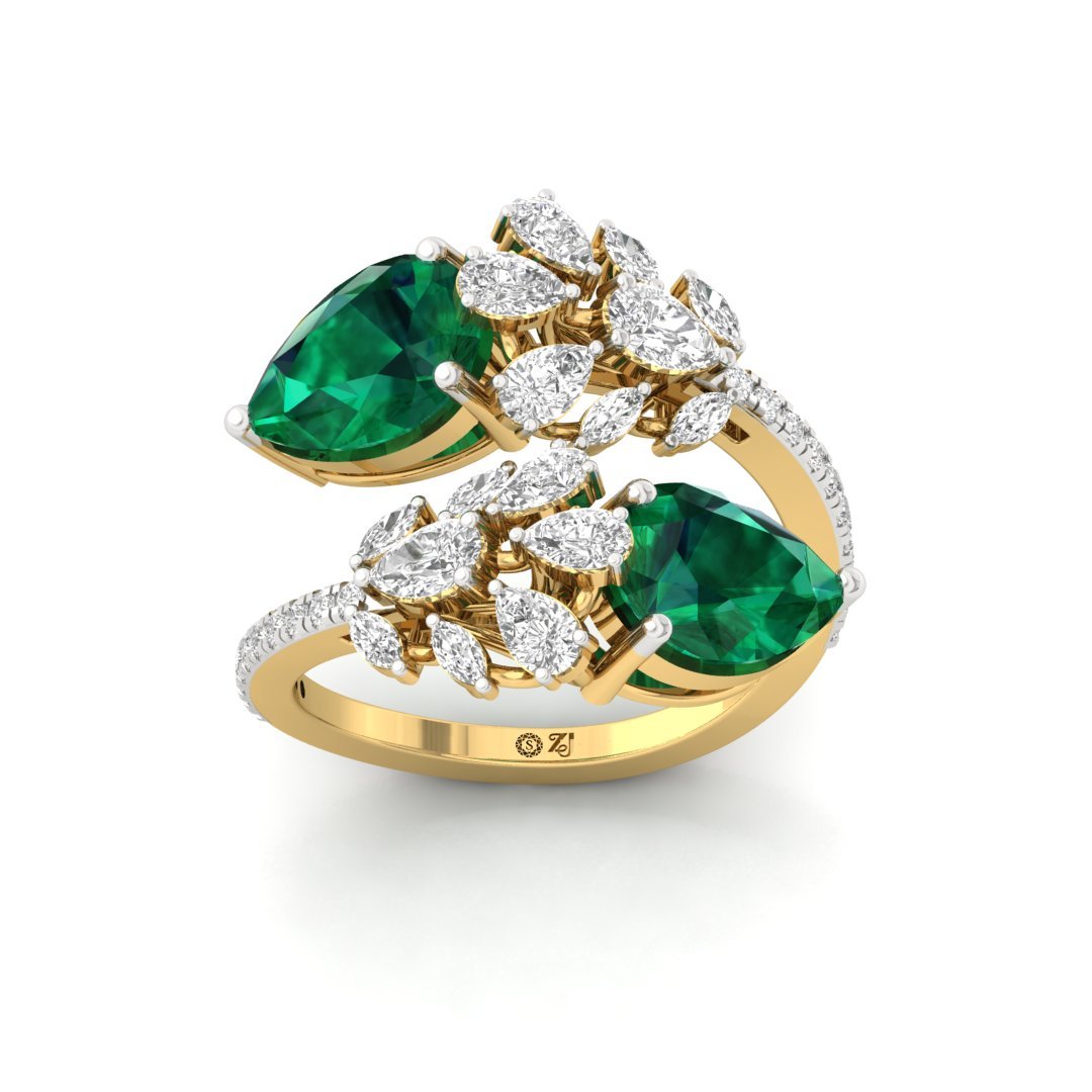 Emerald & Diamond Cocktail Ring | Double Pear Cut Emerald Ring | Lab Grown Diamonds | Silver | 10K | 14K | 18K - View 2