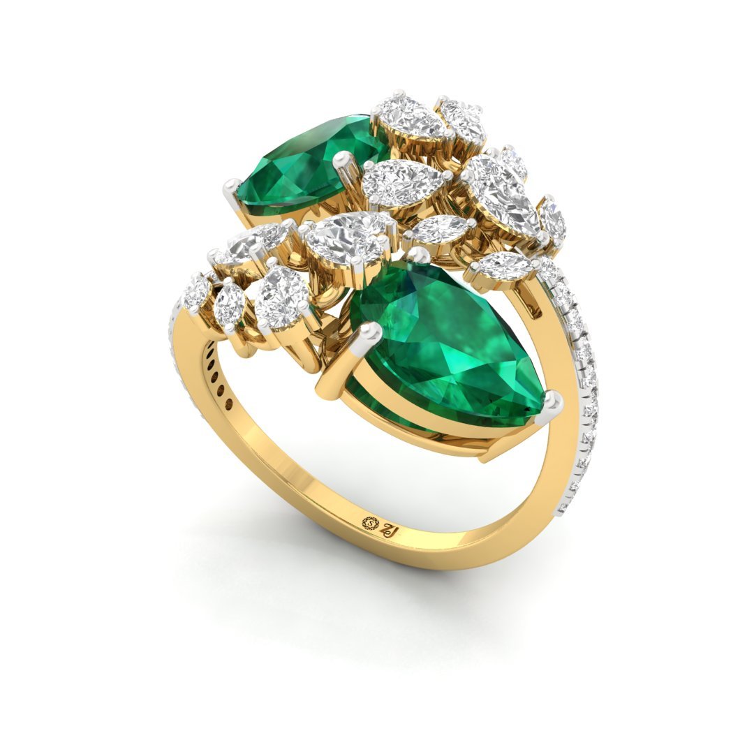 Emerald & Diamond Cocktail Ring | Double Pear Cut Emerald Ring | Lab Grown Diamonds | Silver | 10K | 14K | 18K - View 3