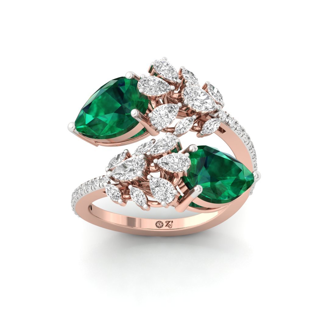 Emerald & Diamond Cocktail Ring | Double Pear Cut Emerald Ring | Lab Grown Diamonds | Silver | 10K | 14K | 18K - Rose Gold Main View