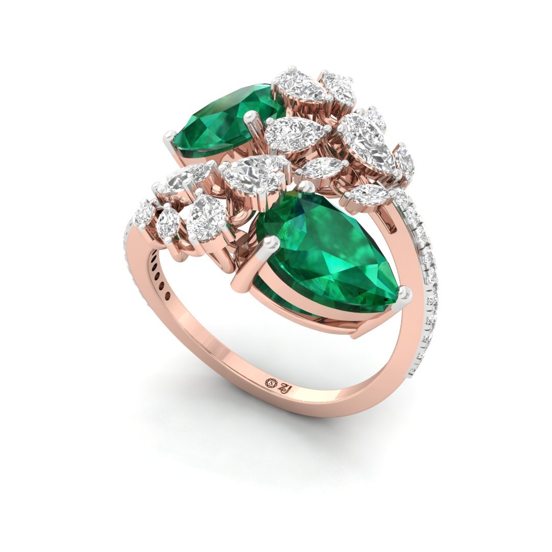 Emerald & Diamond Cocktail Ring | Double Pear Cut Emerald Ring | Lab Grown Diamonds | Silver | 10K | 14K | 18K - View 2
