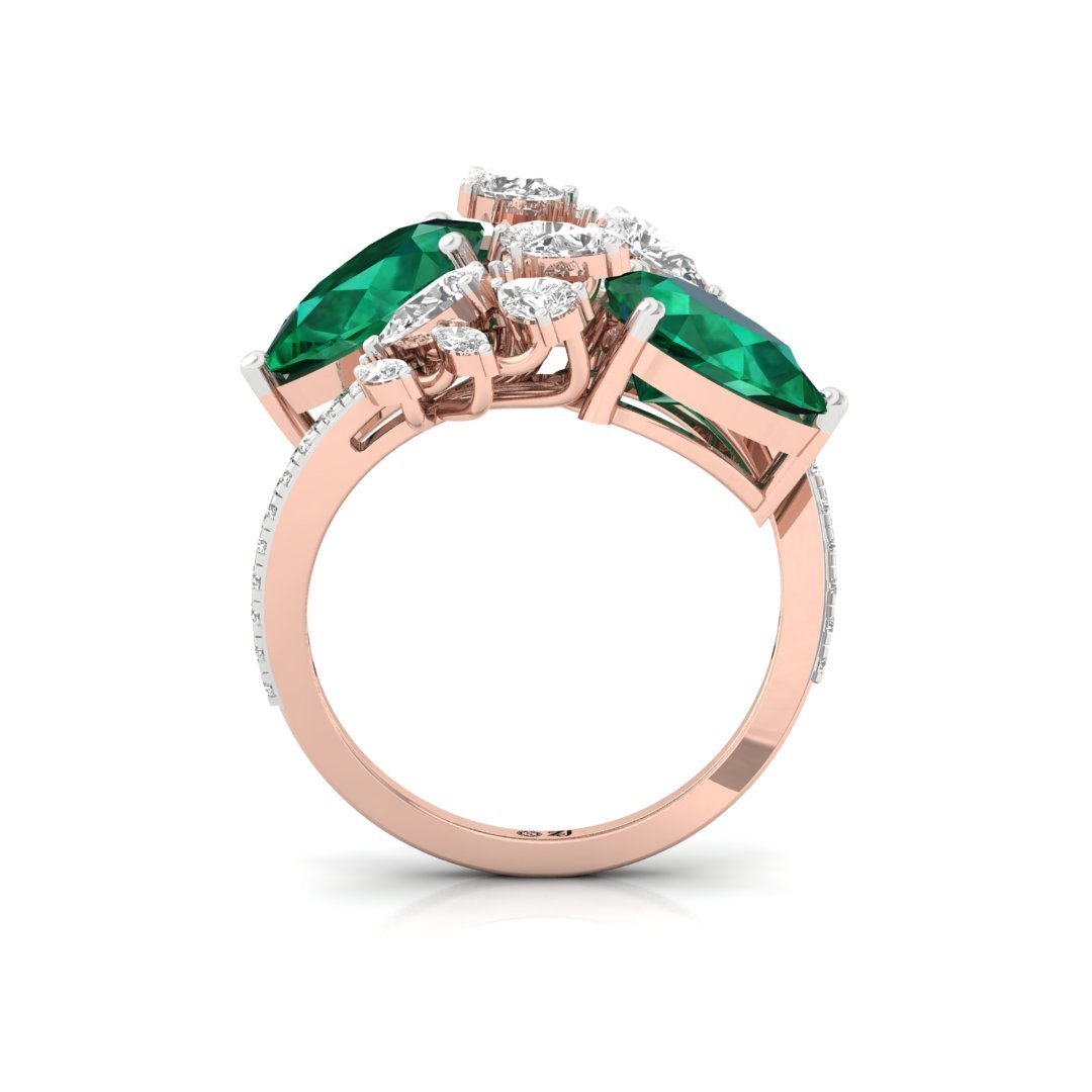 Emerald & Diamond Cocktail Ring | Double Pear Cut Emerald Ring | Lab Grown Diamonds | Silver | 10K | 14K | 18K - View 3
