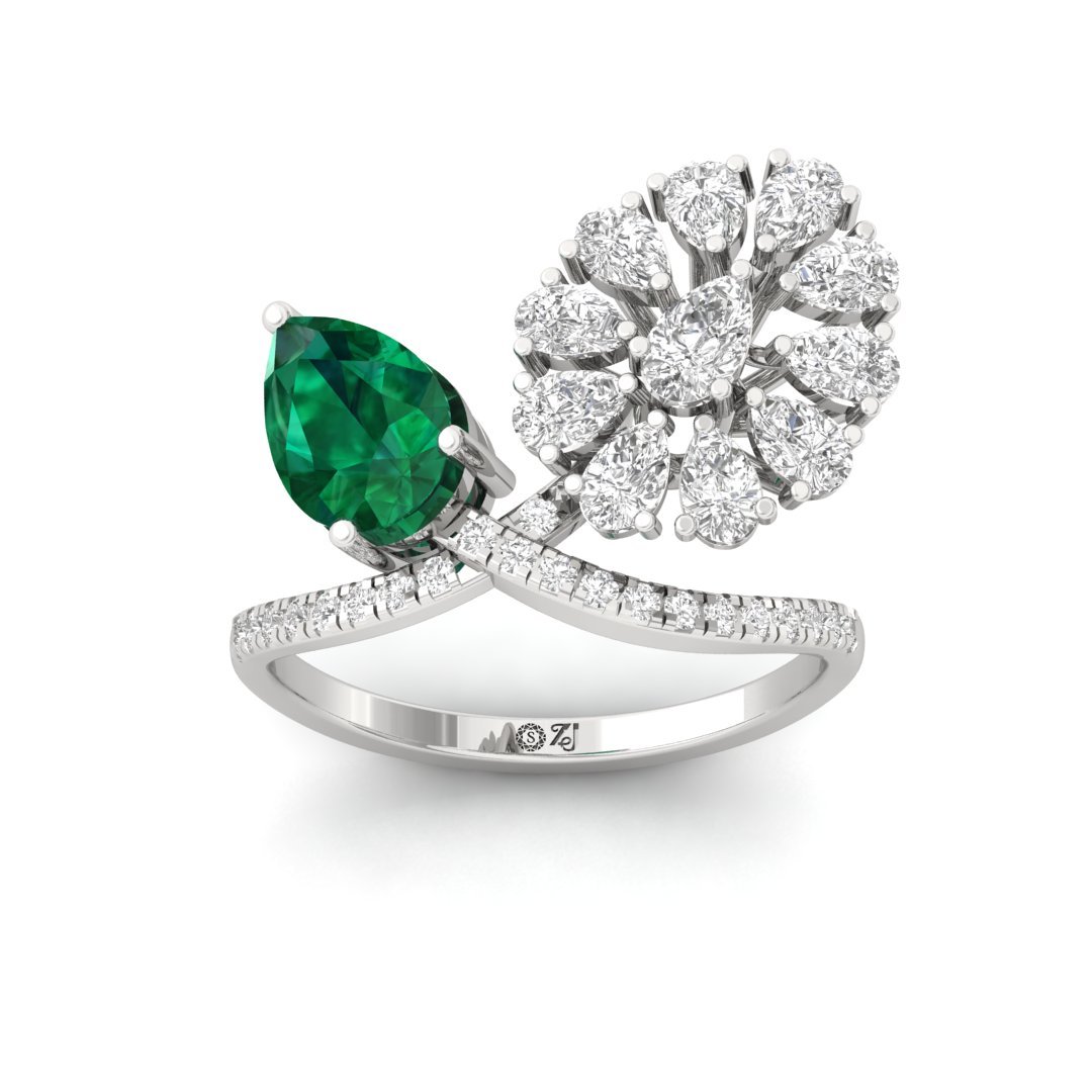 Emerald & Diamond Statement Ring | Pear Cut Emerald with Diamond Floral Design | Cocktail Ring | Silver | 10K | 14K | 18K - Main View