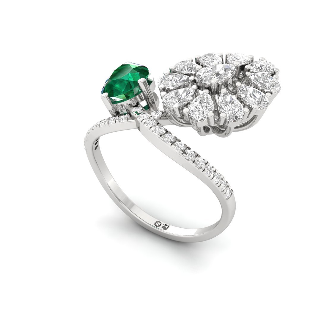 Emerald & Diamond Statement Ring | Pear Cut Emerald with Diamond Floral Design | Cocktail Ring | Silver | 10K | 14K | 18K - View 2