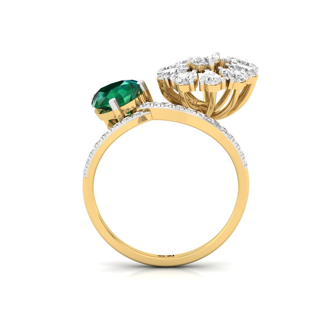 Emerald & Diamond Statement Ring | Pear Cut Emerald with Diamond Floral Design | Cocktail Ring | Silver | 10K | 14K | 18K - View 3