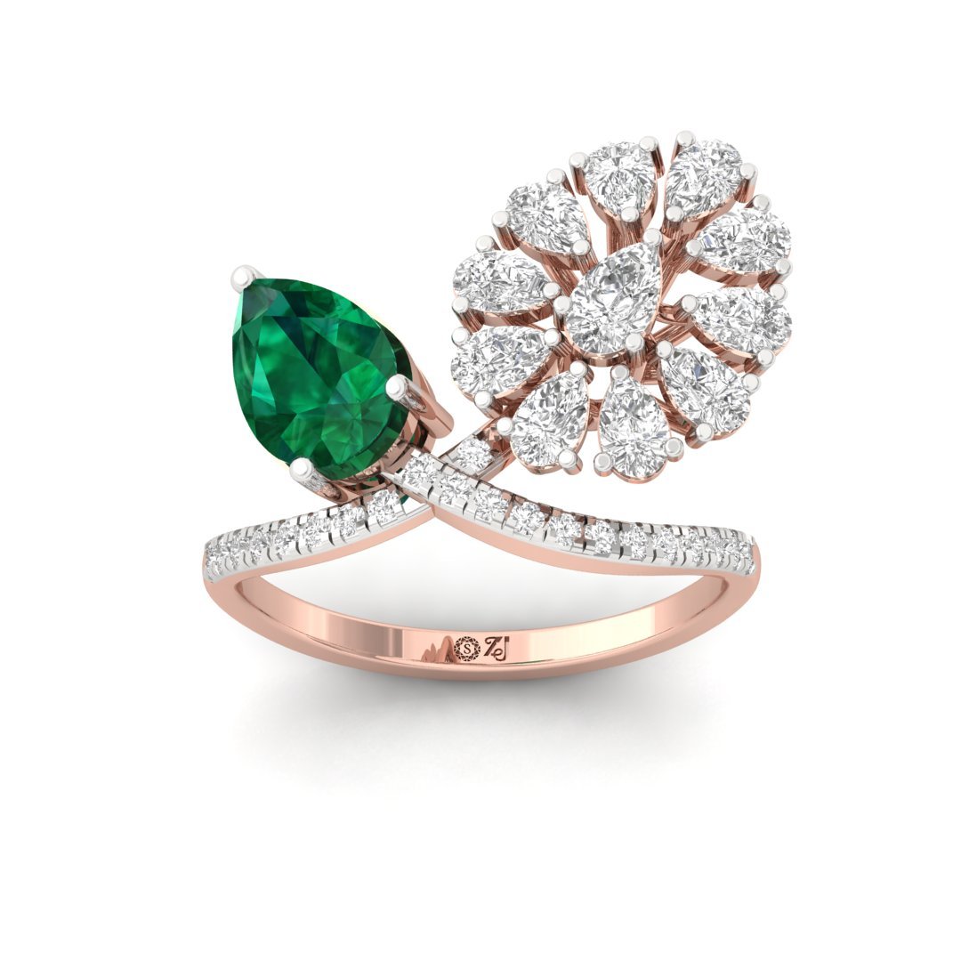 Emerald & Diamond Statement Ring | Pear Cut Emerald with Diamond Floral Design | Cocktail Ring | Silver | 10K | 14K | 18K - Rose Gold Main View