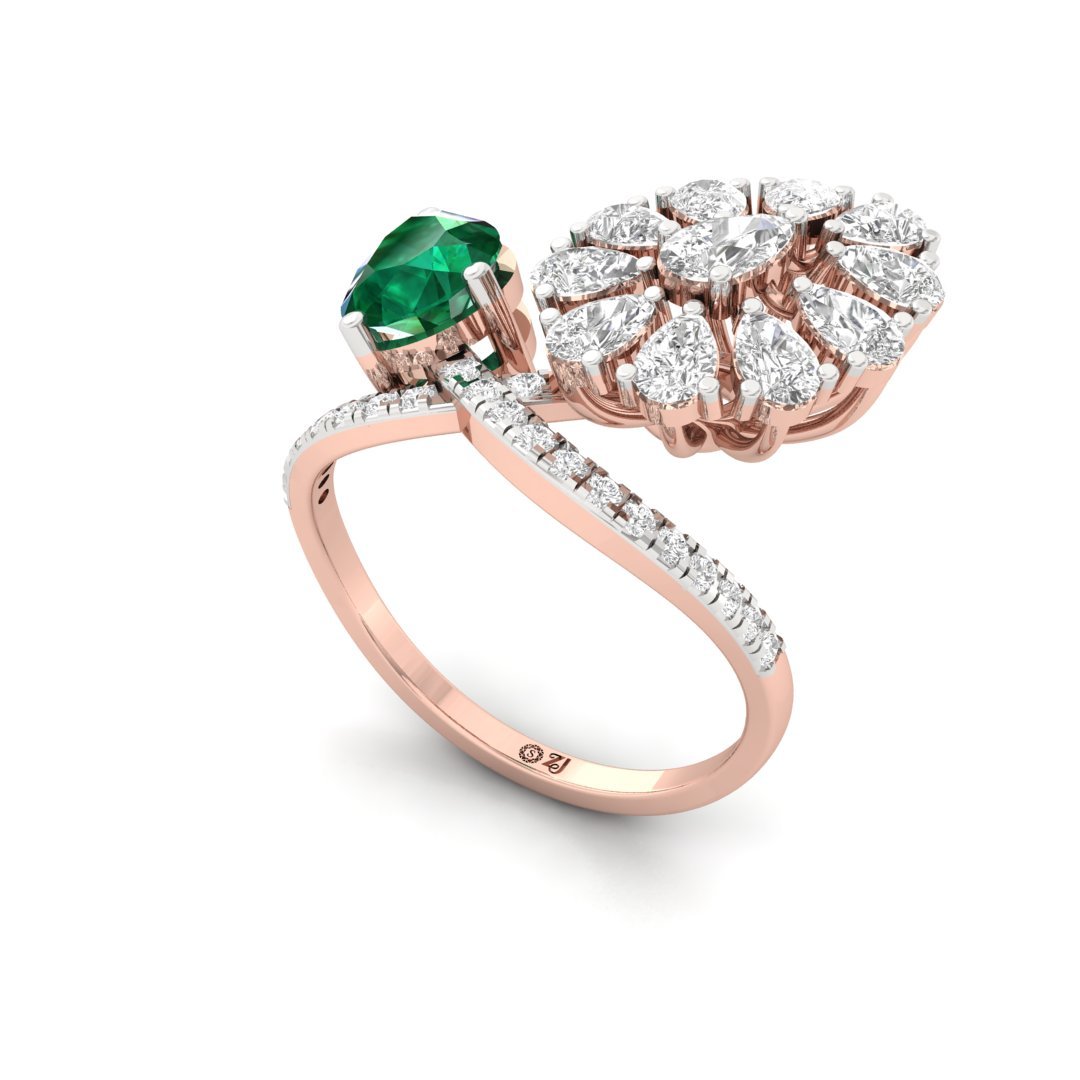 Emerald & Diamond Statement Ring | Pear Cut Emerald with Diamond Floral Design | Cocktail Ring | Silver | 10K | 14K | 18K - View 2