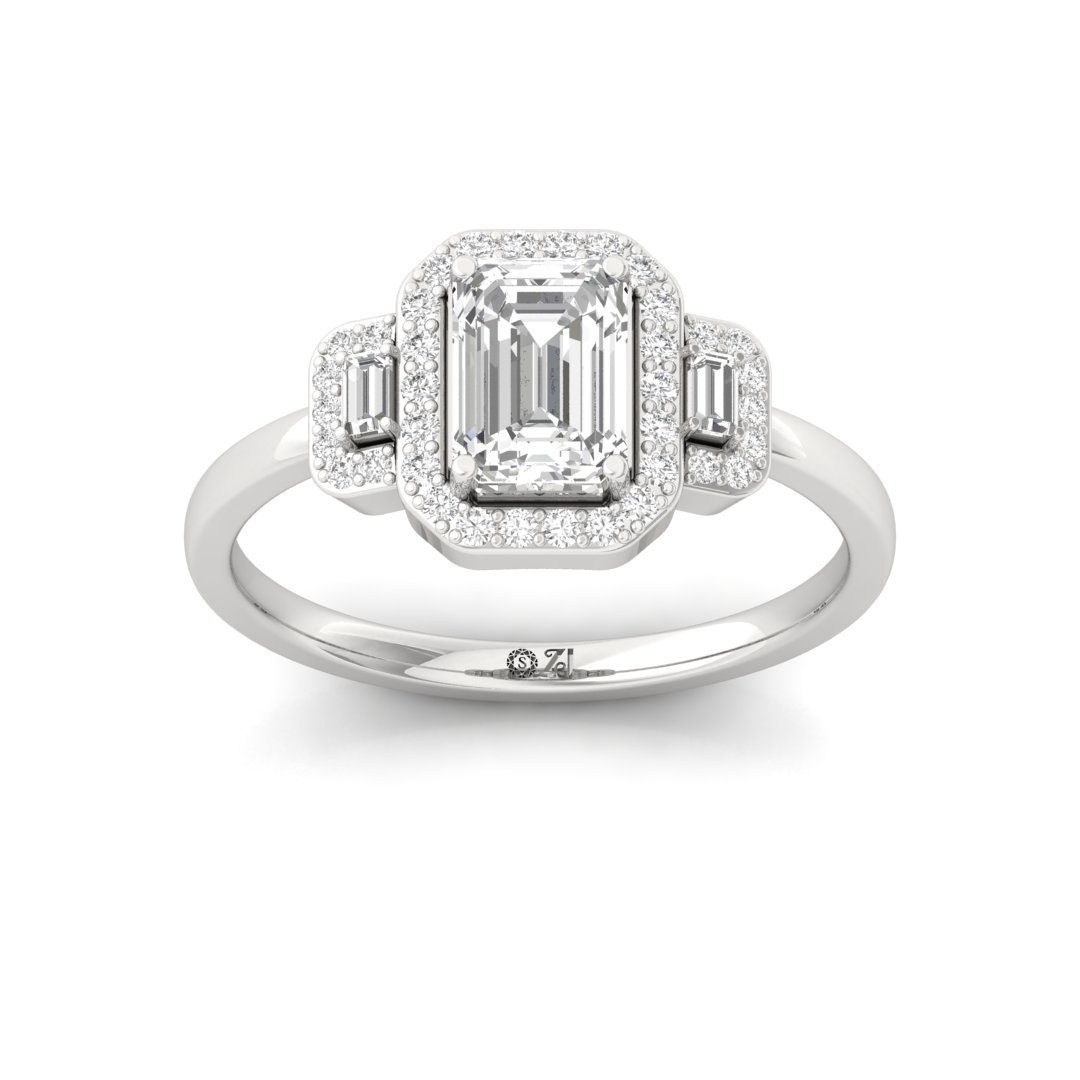 Emerald And Round And Baguette Cut Halo Engagement Ring | Lab-Grown Diamond | Silver | 10K | 14K | 18K - Main View