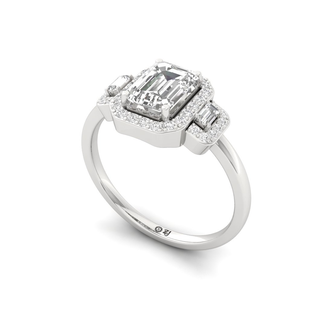Emerald And Round And Baguette Cut Halo Engagement Ring | Lab-Grown Diamond | Silver | 10K | 14K | 18K - View 2