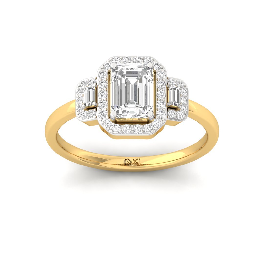 Emerald And Round And Baguette Cut Halo Engagement Ring | Lab-Grown Diamond | Silver | 10K | 14K | 18K - Gold Main View