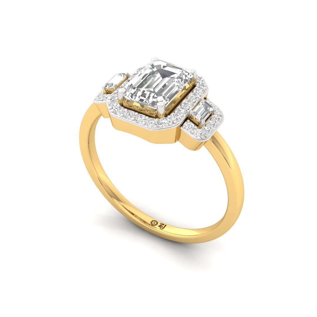 Emerald And Round And Baguette Cut Halo Engagement Ring | Lab-Grown Diamond | Silver | 10K | 14K | 18K - View 2
